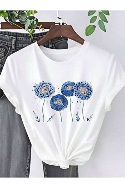23ERVA Floral Print, Women's Blue Dandelion Design, Pure Cotton T-Shirt, Spri...