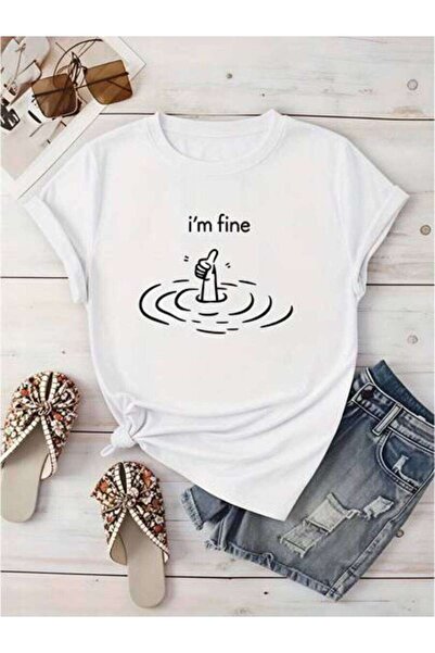 23ERVA Casual Women's I'm Fine Thumb In Water Graphic, Pure Cotton T-Shirt, S...