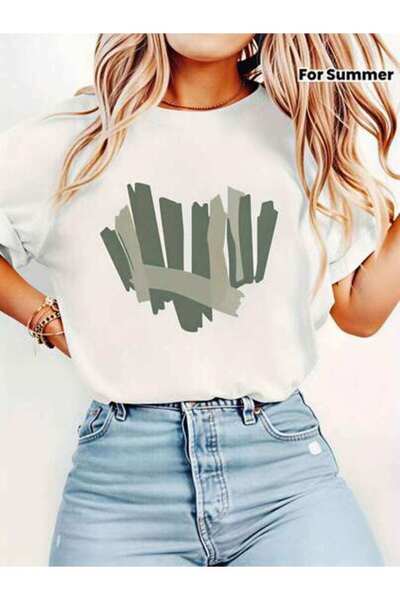23ERVA Casual Women's Abstract Green Pattern, Pure Cotton T-Shirt, Summer, Pe...