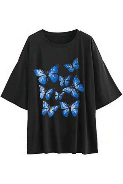23ERVA Summer Outfit Women, Blue Butterflies Funny Vintage T-Shirt, Loose Bre...