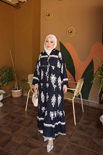 İmajButik Μπλε ναυτικό φόρεμα βισκόζης με μισά κουμπιά στα μανίκια και ελαστι...
