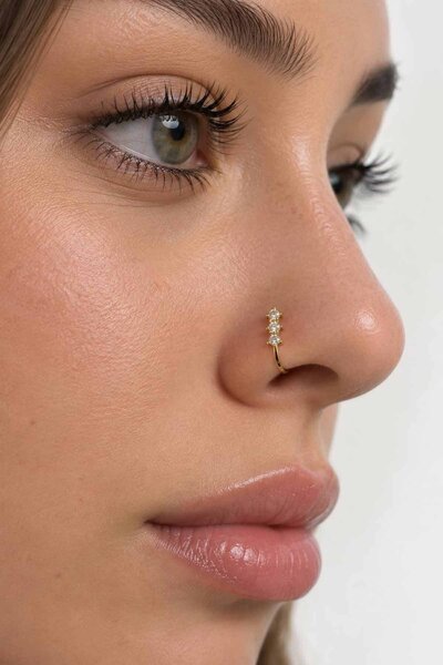 TAKIŞTIR Altın Renk Taş Detaylı Cerrahi Çelik Deliksiz Kulak/Burun Piercing