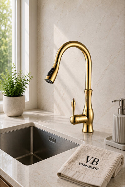 vb vitrinbanyo Spiral Sink Faucet Gold – Kitchen Faucet with Pull-Out Head, H...