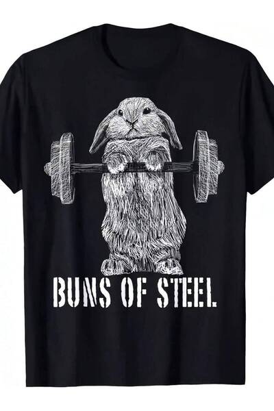 26LIK تي شيرت رجالي مطبوع عليه رسومات مضحكة لرفع الأثقال على شكل أرنب من Buns Of Steel - تي شيرت رياضي مضحك للتمرين، مع طباعة، قميص مريح بأكمام قصيرة لمحبي اللياقة البدنية والملابس الكاجوال، ذو تصميم كلاسيكي برقبة دائرية