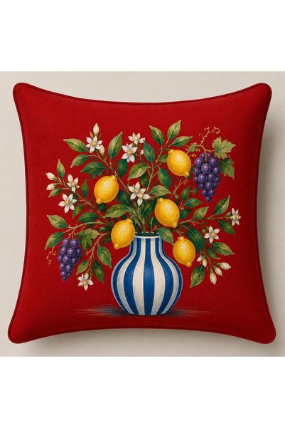 R-EYLA R'Eyla Rosso Amalfi 5 Piece Decorative Set – 4 Throw Pillow Covers + 1 Runner – Lemon Patterned