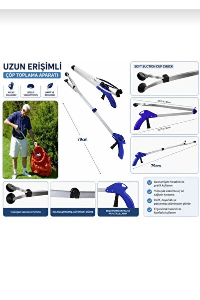 NİSİBİS HOME Uzun Erişimli Çöp Toplama Aparatı 80 Cm Yumuşak Vakumlu Tutucu