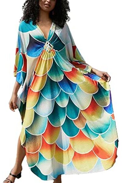 YouKD Women's Pirnt Floral Long Kaftan Maxi Dress Pluse Size Bikini Beach Cov...