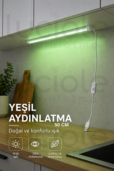 luciole Yeşil Işık LED Bar 50 Cm USB Yapışkanlı Anahtarlı Raf Vitrin Dolap Ga...