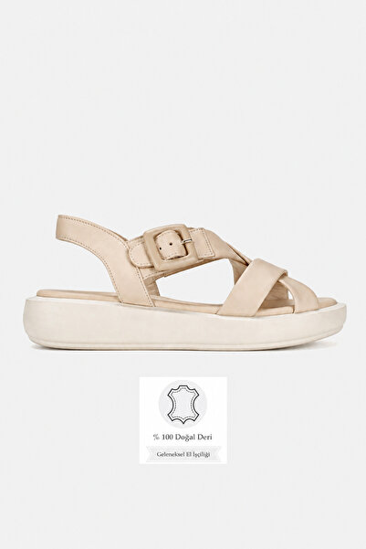 TUNAELLİ Women's Beige Genuine Leather Strappy Flat Sole Daily Sandals