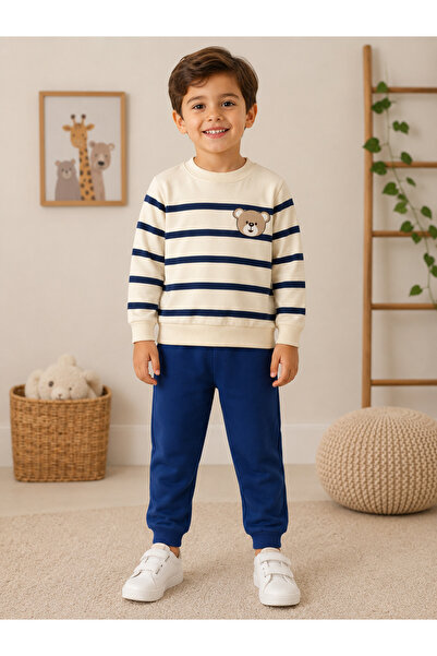 Melodikids Boy's Teddy Bear Printed Striped Seasonal Sweatshirt Tracksuit 2-P...