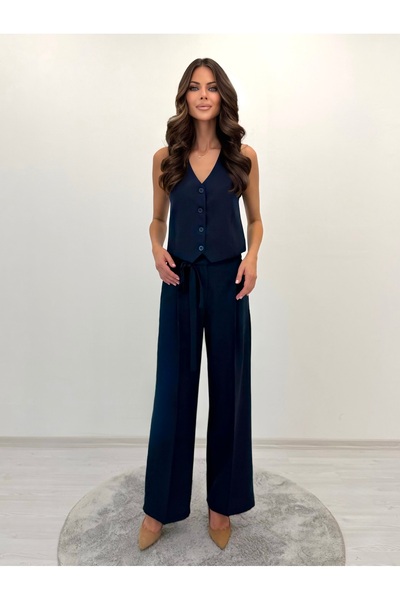 ossons Noble Posture Buttoned Vest, Belted Wide-Legged Navy Blue Trousers Set