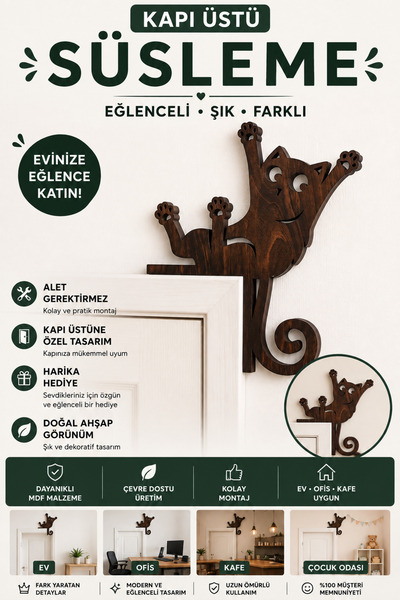 ROKH Kapı Üstü Kedi Süsleme Dekoratif Ahşap Görünümlü Kedi Figürü Duvar Dekor...