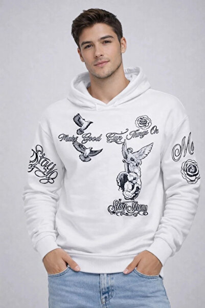Generic Brand Men's 3 Thread Cotton Hooded Printed Sweatshirt Hoodie - White