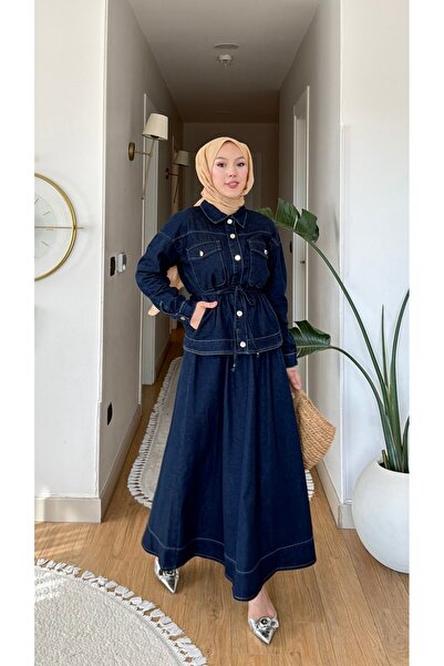 Colomer Women's Comfortable Denim Suit with Side Pockets, Tie-Up Waist, and Elastic Waist Skirt