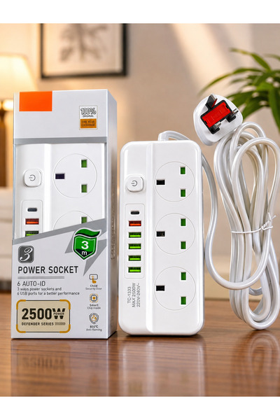 Generic Brand 2500W 3-Way USB Power Strip with 6 USB Ports, 3-Meter Cable, Pr...