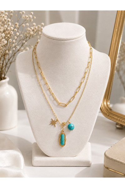 Lilith Takı Turquoise Stone Multi-Chain Necklace – Gold Color Layered Necklac...