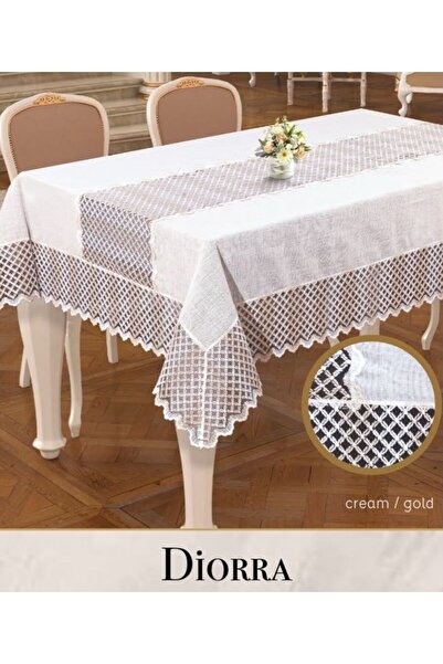 Ceki Home Diorra Model Cream-Gold Linen 160X220 cm Stylish Tablecloth with Se...