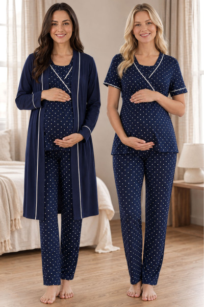ByLohusa Polka Dot Maternity Pajama Set with Nursing Feature and Robe Effortt...