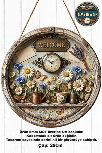 time in a tin retro 1960 Dış kapı süsü Papatya ve Saat Detaylı Vintage "Welco...
