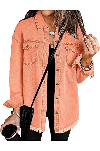 Generic Women's Casual Denim Jackets Frayed Hem Washed Button Jean Jacket Dis...