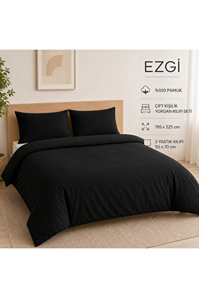Ezgi 100% Cotton Zippered Single Duvet Cover and 1 Pillowcase with Cover Blac...