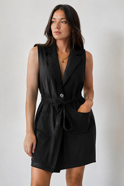 Neden Tekstil Women's Black Belted Sleeveless Shirt Dress