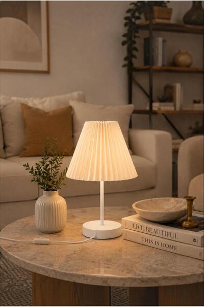 Elizim Home Lighting Luna Pleated Modern Table Lamp – Cream Hat, White Base, ...