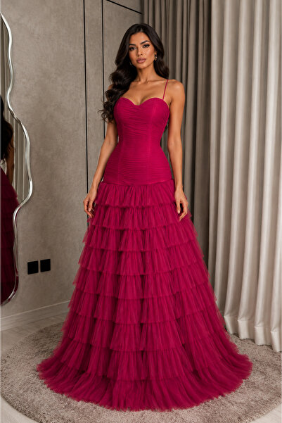 leen fashion Fuchsia Evening Dress with Embossed Pleats and Layered Tulle Pri...