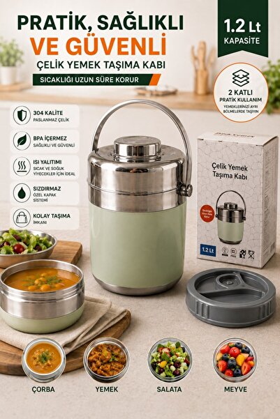 Begin Power 1.2 Lt 2'li Paslanmaz Çelik Sızdırmaz Termos Yemek Taşıma Kabı / ...