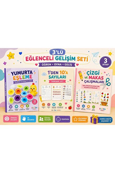 Elfida Kids 3'lü Okul Öncesi Eğitici Etkinlik Seti / Sayılar, Çizgi-Makas ve Eşleme Etkinlikleri