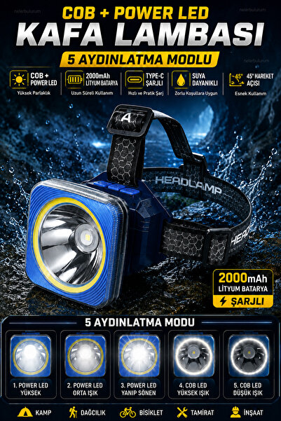 nelerbulurum Şarjlı Suya Dayanıklı 5 Modlu Ayarlanabilir Başlıklı Kafa Lambası 2000 mAh Type-C şarjlı – COB + Power LED 5 Modlu Suya Dayanıklı Baş Feneri Kamp Lambası El feneri Işıldak