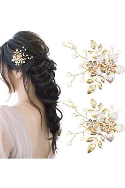 ASKIND 2Pcs Vintage Gold Bridal Hair Clips with Pearl Leaf Design, Elegant We...