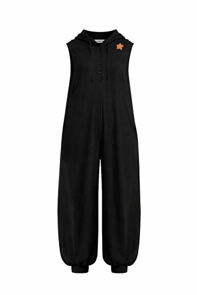 #vdr viadellerose Black Hooded Sleeveless Graphic Printed Flowy Jumpsuit 19089