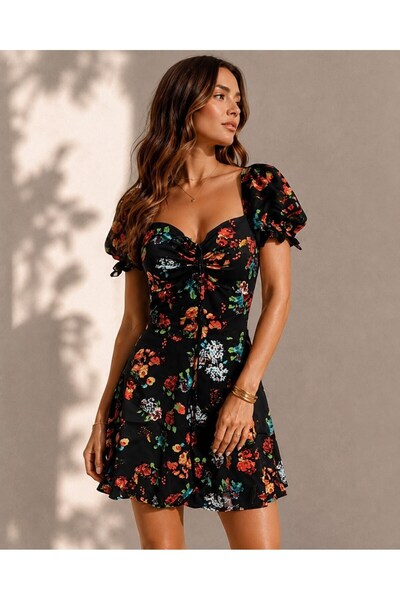 Modafeminen Desen8 Square Neck Short Sleeve Floral Mini Summer Dress 581722