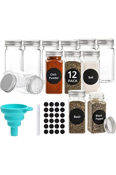 Home Zone 12 Pcs Glass Spice Jars - 4oz Empty Square Spice Bottles - Shaker L...