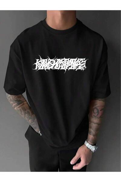2BIR Black Metal Edgy Circular Thorn & Letter Symbol-Printed T-Shirt| Loose F...