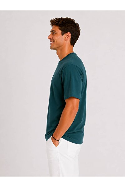 Vasto Moda Erkek Tam Oversize Kalıp Kalın Dokulu %100 Pamuk Bisiklet Ribana Yakalı Petrol Yeşili T-Shirt