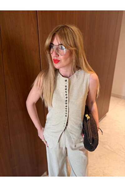 begum mayda Orijinal Model , Sık Düğmeli , Bej , Premium Keten Takım
