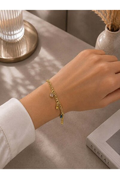 MARE BUTİK Steel Bracelet with Gold Drop Stone Detail