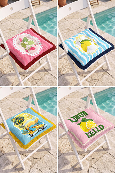 Realhomes Set of 4 Fringed Puffy Chair Cushions with Lemon, Strawberry, Vespa...
