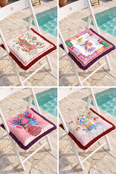 Realhomes Modern 4-Piece Fringed Pouf Chair Cushion Set with Flamingo, Butter...