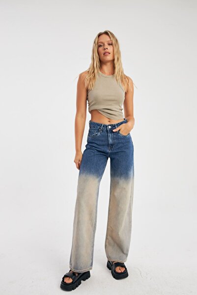 cracpot Women's Blue High Waist Contrast Transition Cotton Wideleg Jean Trousers