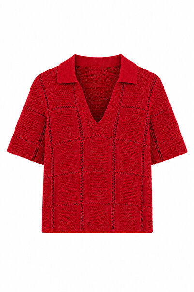 HAZELANNA Polo Collar Red Knitwear