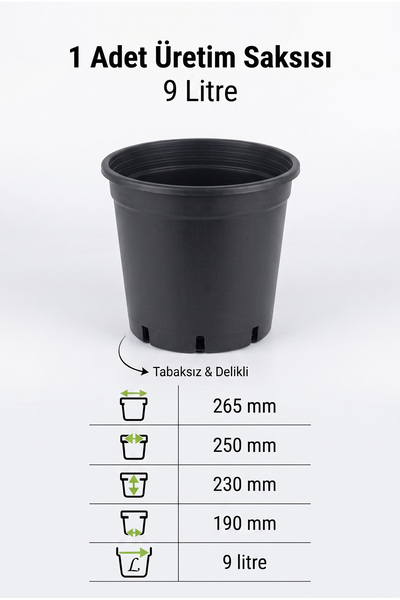 ToXA 9 Litre Üretim Saksısı (25cm) Tabaksız Drenaj Delikli Siyah Plastik Fide...