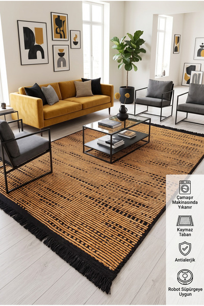 Santa Clara Kaymaz Taban Makinada Yıkanabilir, Gold Bej Şönil Kilim Halı Saça...