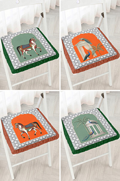 Realhomes Set of 4 Fringed Zippered Chair Cushions with Horse and Peacock Fig...