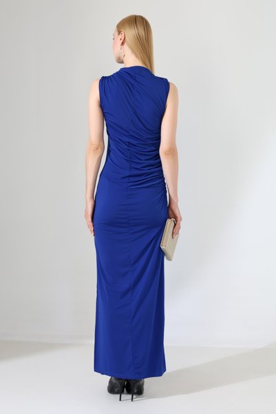 Planet Prestige Brown Draped Turtleneck Slit Long Evening Dress