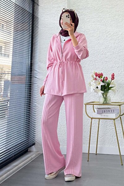 MELEK ARAZ Premium Drawstring Waist Cima Detail Double Face Trouser Set - Pink