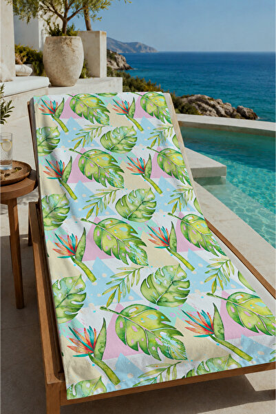 Evmila White Green Tropical Bird and Leaf Patterned 70X150 Beach Towel - Digi...
