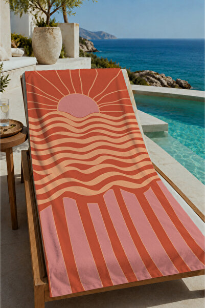 Evmila Tile Pink Retro Sunset and Wave Stripes 70X150 Beach Towel - Cotton Ba...